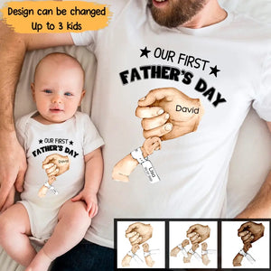 Personalized Our First Father's Day & Hand with Kid Name Tshirt or Baby Onesie Printed PNPN1005