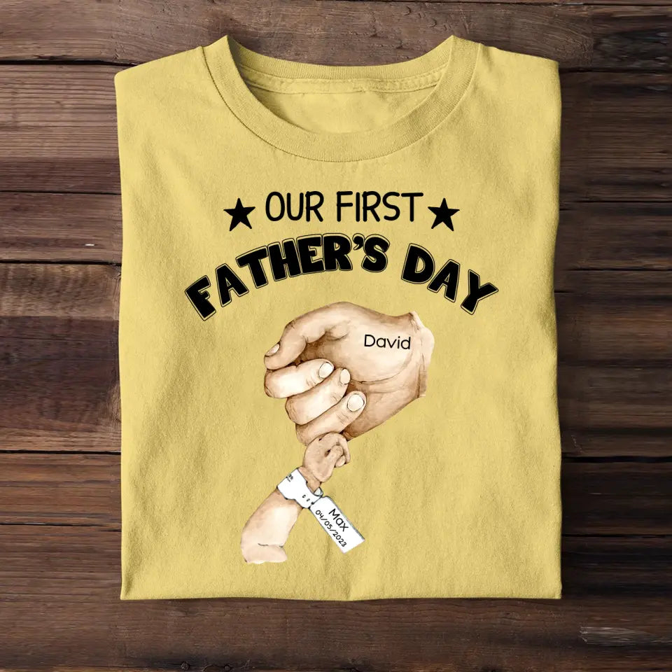 Personalized Our First Father's Day & Hand with Kid Name Tshirt or Baby Onesie Printed PNPN1005