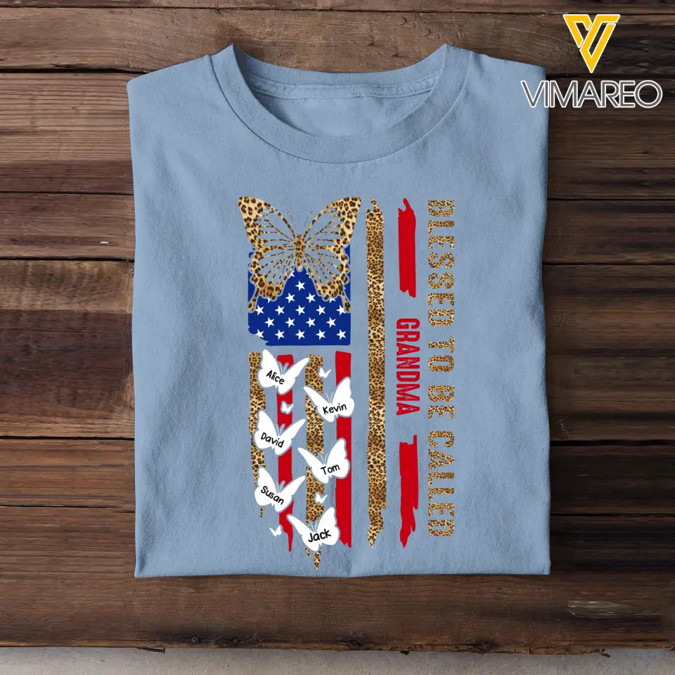 Personalized Blessed To Be Called Grandma Butterflies with Kid Name US Flag T-shirt Printed PNHQ1505