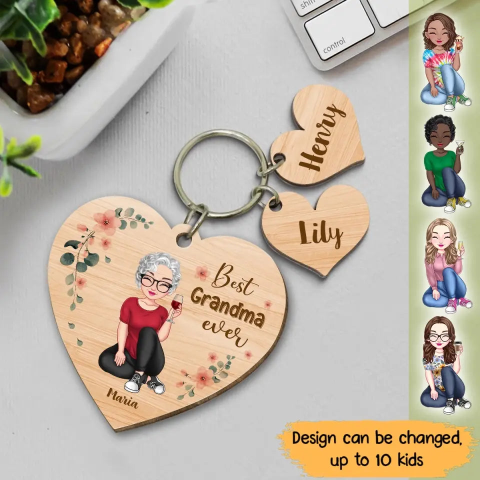 Personalized Best Grandma Ever Kid Name Tag Wood Keychain Printed PNPN2405