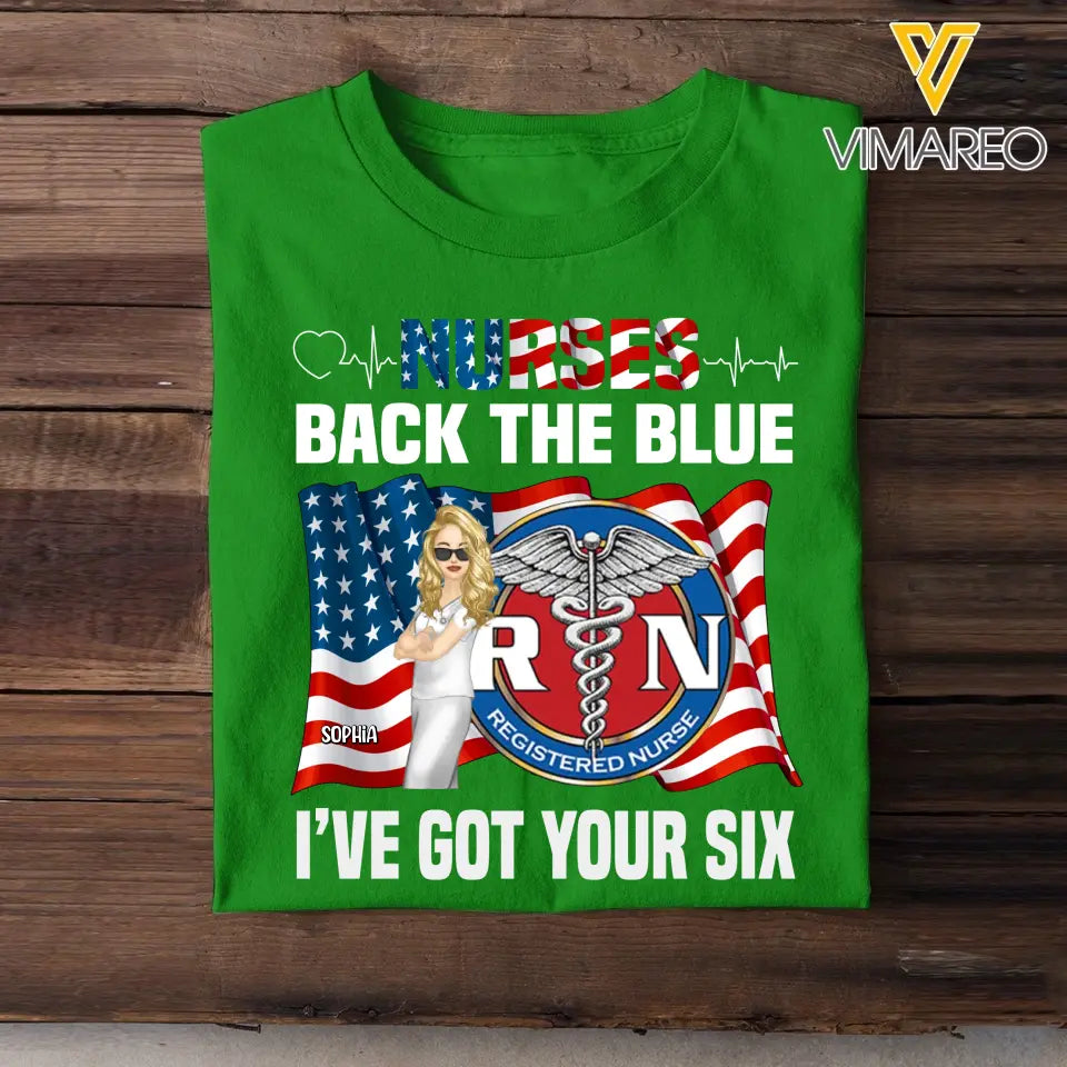 Personalized Nurse Back The Blue I've Got Your Six Flag & Logo T-shirt Printed MTHHQ1906