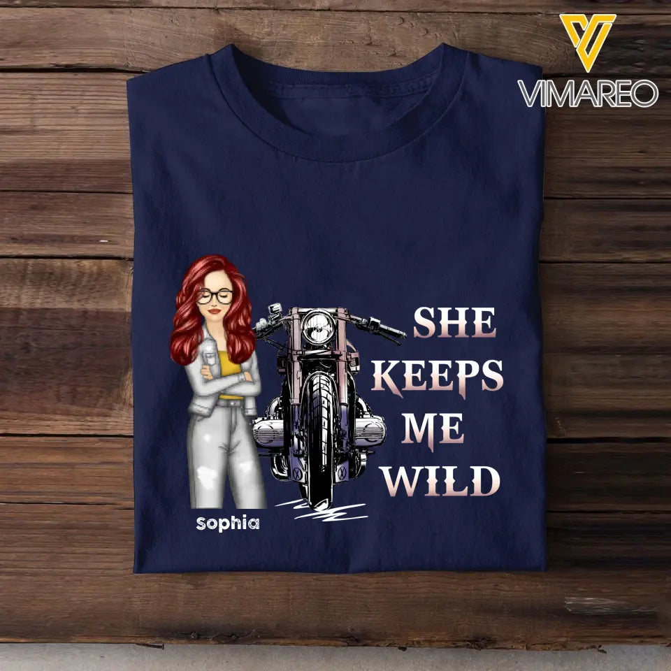 Personalized He Keeps Me Safe or She Keeps Me Wild Motorcycle Couple T-Shirt Printed MTHHN2406