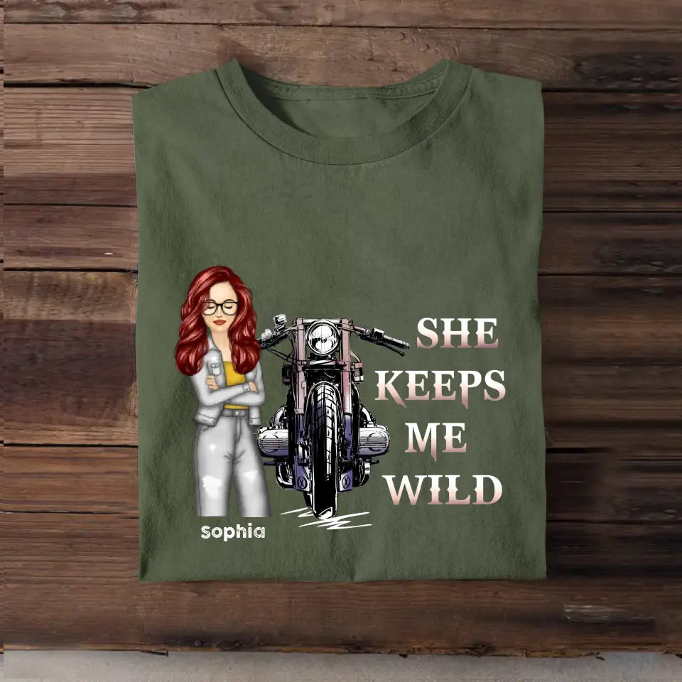 Personalized He Keeps Me Safe or She Keeps Me Wild Motorcycle Couple T-Shirt Printed MTHHN2406