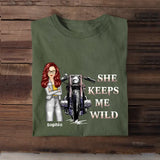 Personalized He Keeps Me Safe or She Keeps Me Wild Motorcycle Couple T-Shirt Printed MTHHN2406