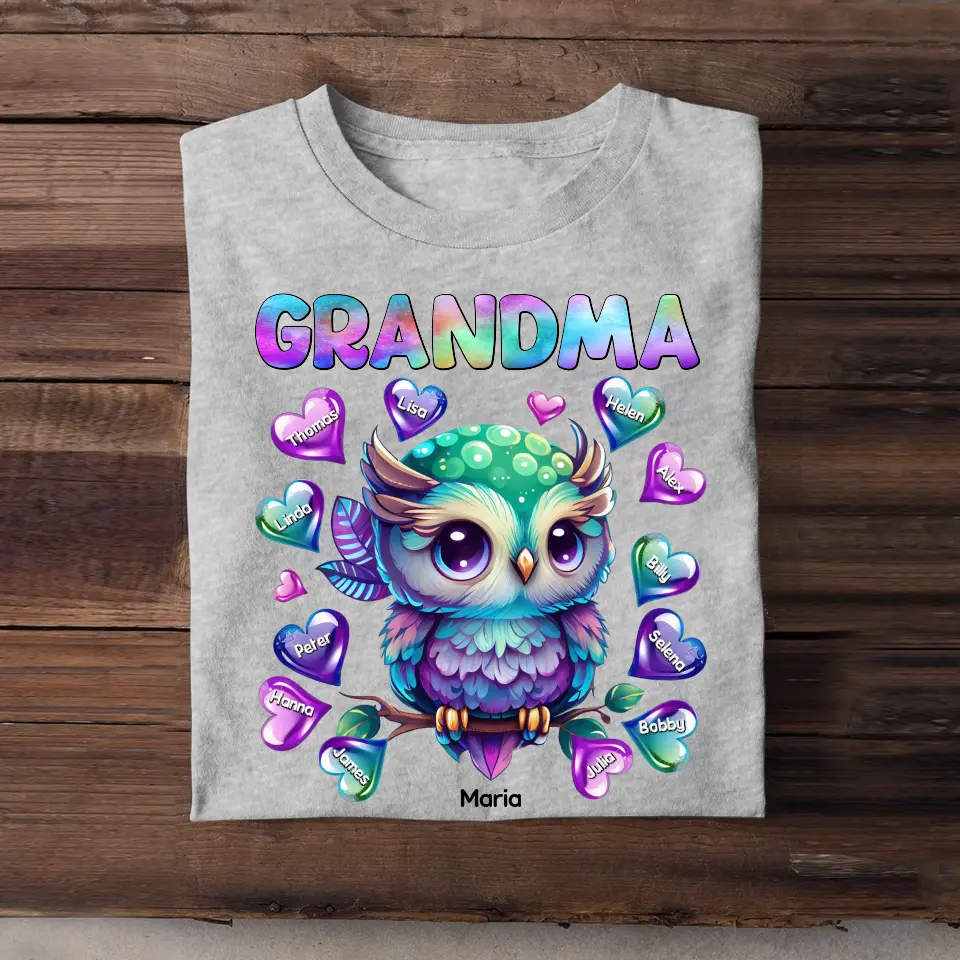 Personalized Owl Grandma Hearts with Kid Name T-shirt Printed 23JUL-PN04