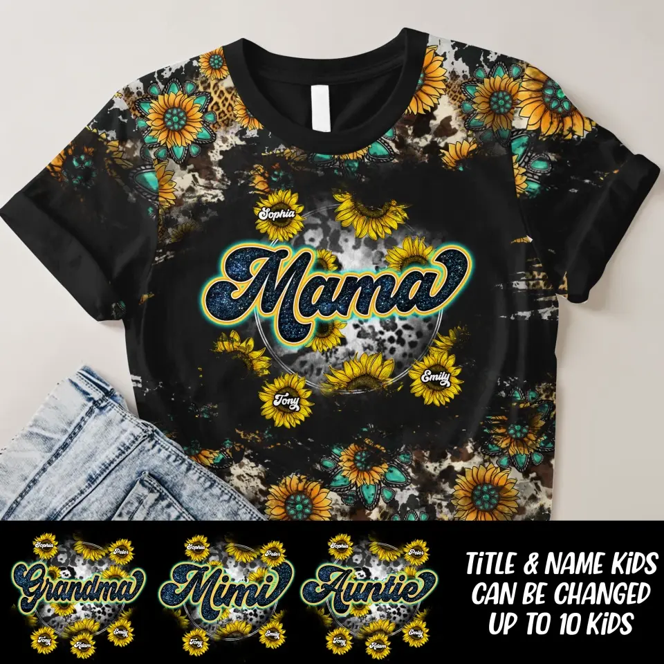 Personalzied Mama Sunflowers with Kid Names 3D TShirt Printed HTHDT0407