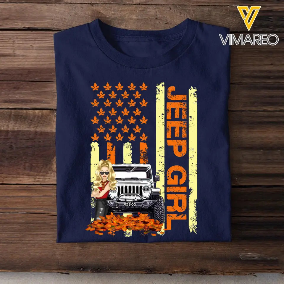 Personalized Jeep Girl Autumn Leaves Flag Background T-shirt Printed MTKVH0807