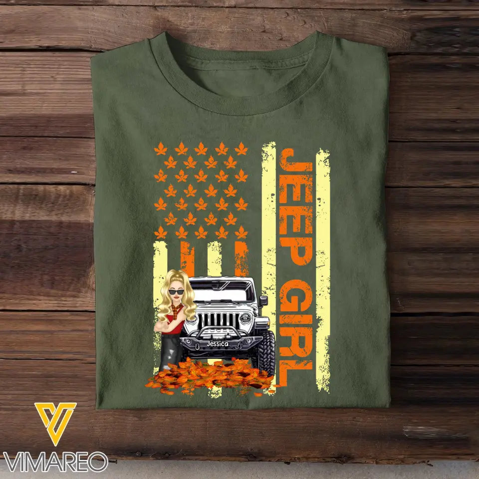 Personalized Jeep Girl Autumn Leaves Flag Background T-shirt Printed MTKVH0807
