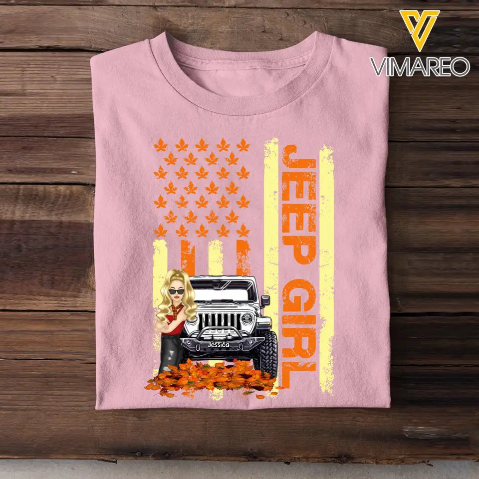 Personalized Jeep Girl Autumn Leaves Flag Background T-shirt Printed MTKVH0807