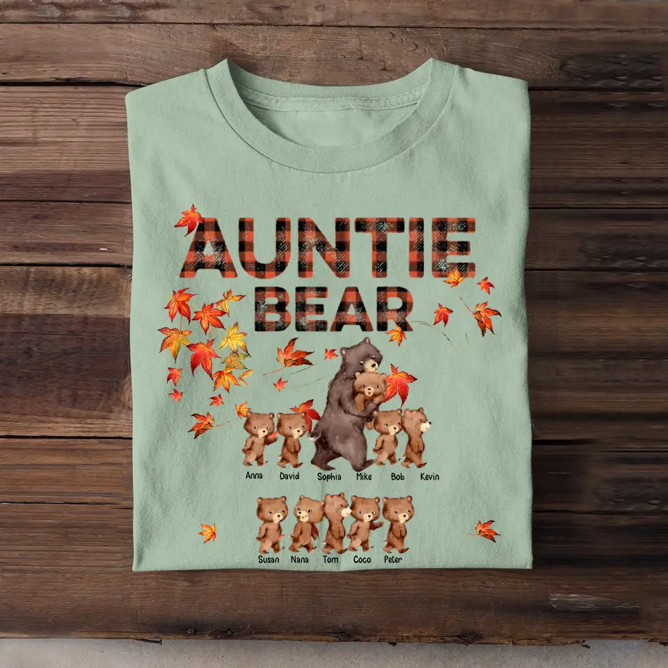 Personalized Auntie Bear with Kid Names Fall Season Maple Leaves T-Shirt Printed 23JUL-HN10
