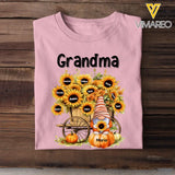 Personalized Fall Season Pumpkin Gnome Sunflowers Grandma with Kid Names T-Shirt Printed MTPN1307