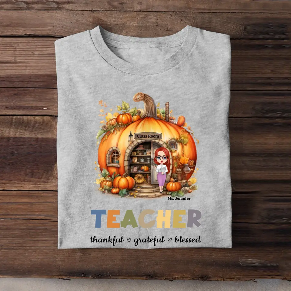 Personalized Fall Season Pumpkin Teacher Thankful Grateful Blessed T-Shirt Printed 23JUL-HN18