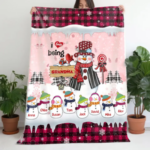 Personalized I Love Being Grandma Snowman with Kid Names Sherpa or Fleece Blanket Printed KVH23576