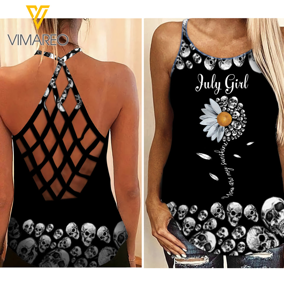 PHN JULY GIRL SKULL Criss-Cross Open Back Camisole Tank Top Legging MAR-QH15