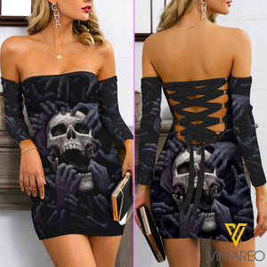 Skull Lace Up Back Bardot Bodycon Dress EZQ110521