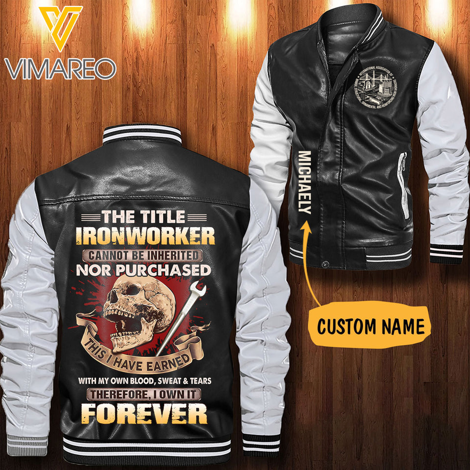 Personalized Ironworker Leather Bomber Jacket SEP-HQ28
