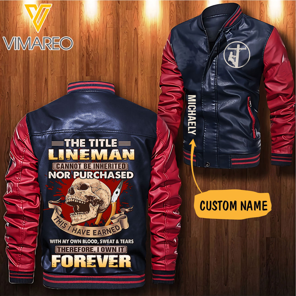 Personalized Lineman Leather Bomber Jacket SEP-HQ28