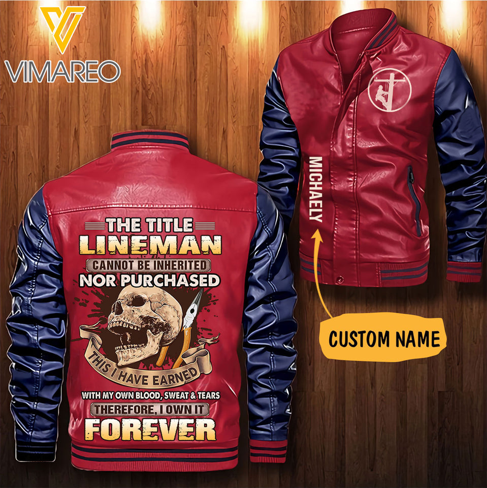 Personalized Lineman Leather Bomber Jacket SEP-HQ28