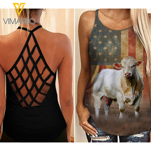Charolais Cattle Criss-Cross Open Back Camisole Tank Top MAR-HQ24