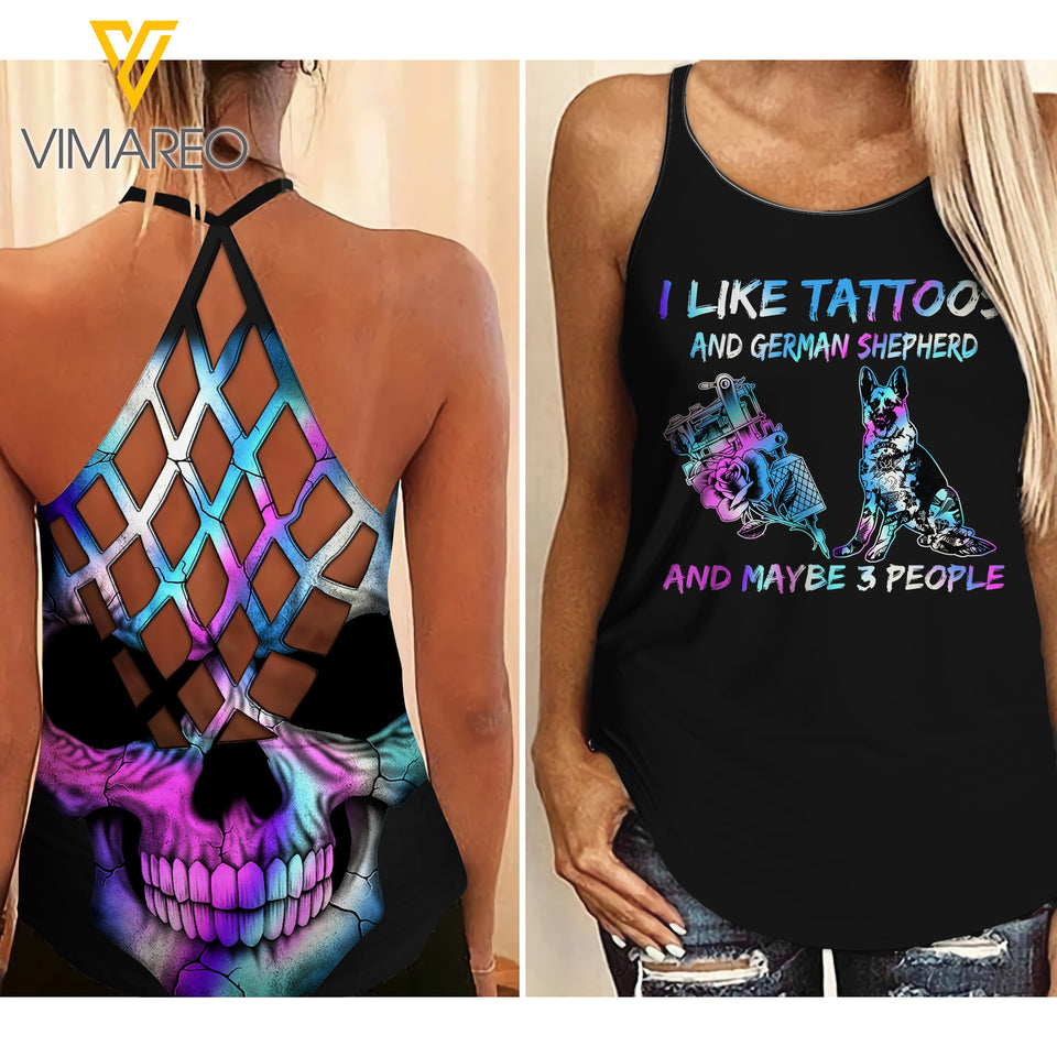 I LIKE TATTOOS AND GERMAN SHEPHERD DOG CRISS-CROSS TANK TOP