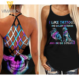 I LIKE TATTOOS AND GOLDEN RETRIEVER DOG CRISS-CROSS TANK TOP