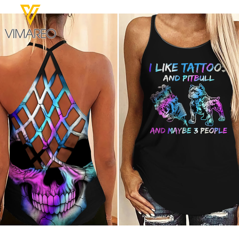 I LIKE TATTOOS AND PITBULL DOG CRISS-CROSS TANK TOP