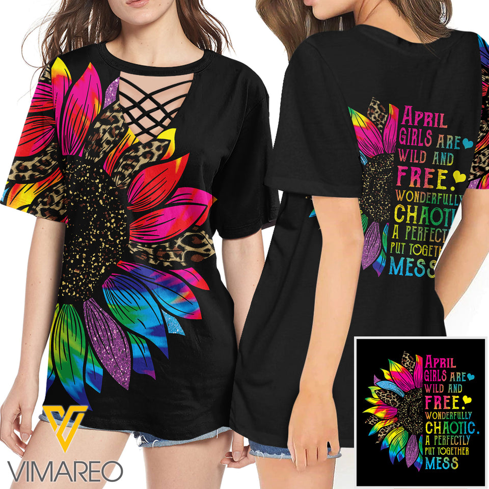 KHMD APRIL GIRL SUNFLOWER 3D Printed Lace up T-Shirt 2206