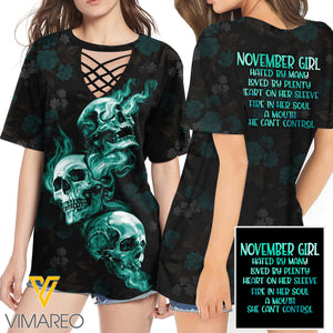 KHMD NOVEMBER GIRL HATED BY MANY 3D Printed Lace up T-Shirt 2106