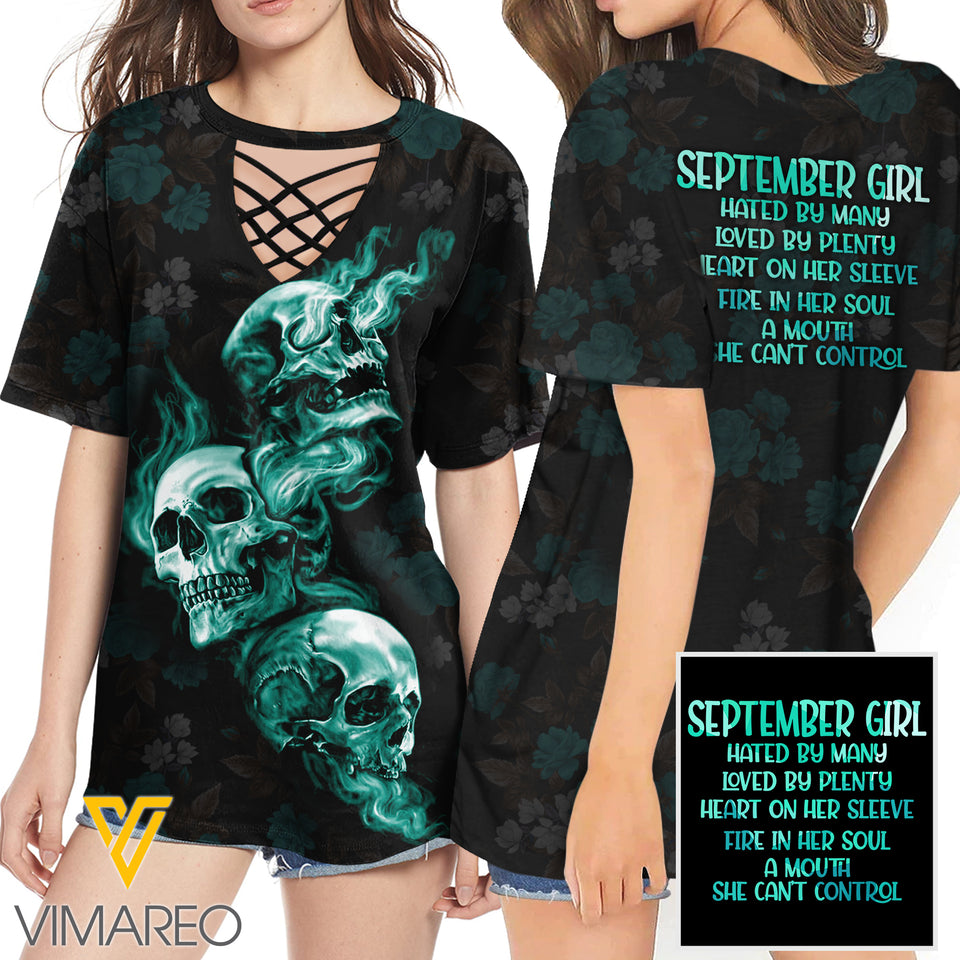 KHMD SEPTEMBER GIRL HATED BY MANY 3D Printed Lace up T-Shirt 2106