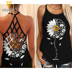 NURSE SUNFLOWER CRISS-CROSS OPEN BACK CAMISOLE TANK TOP