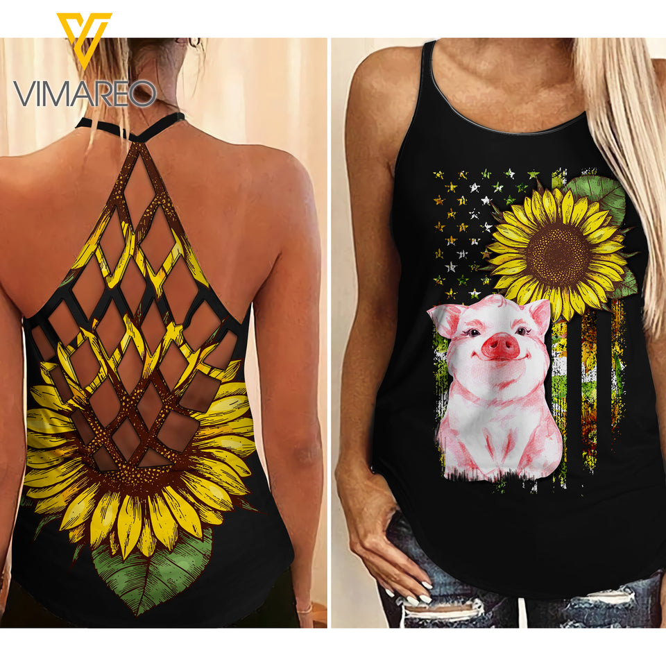 PIG SUNFLOWER CRISS-CROSS OPEN BACK CAMISOLE TANK TOP