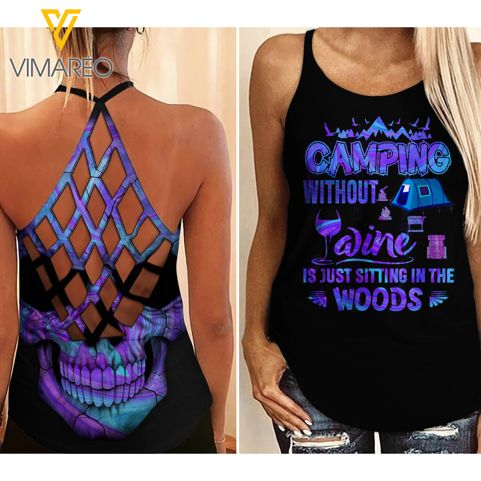 CAMPING WITHOUT WINE CRISS-CROSS OPEN BACK CAMISOLE TANK TOP