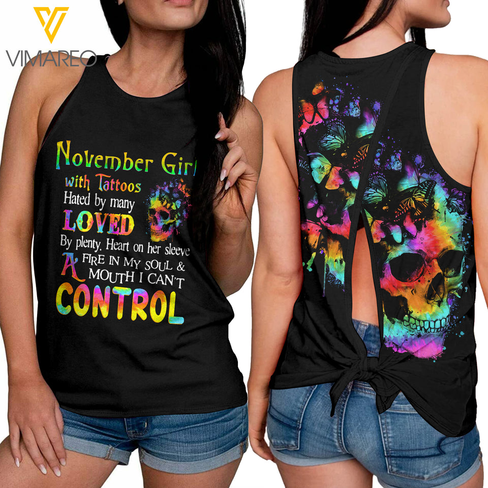 November Girl Skull Butterflies Tie-Breaker Sleeveless Top, Summer Tank Top