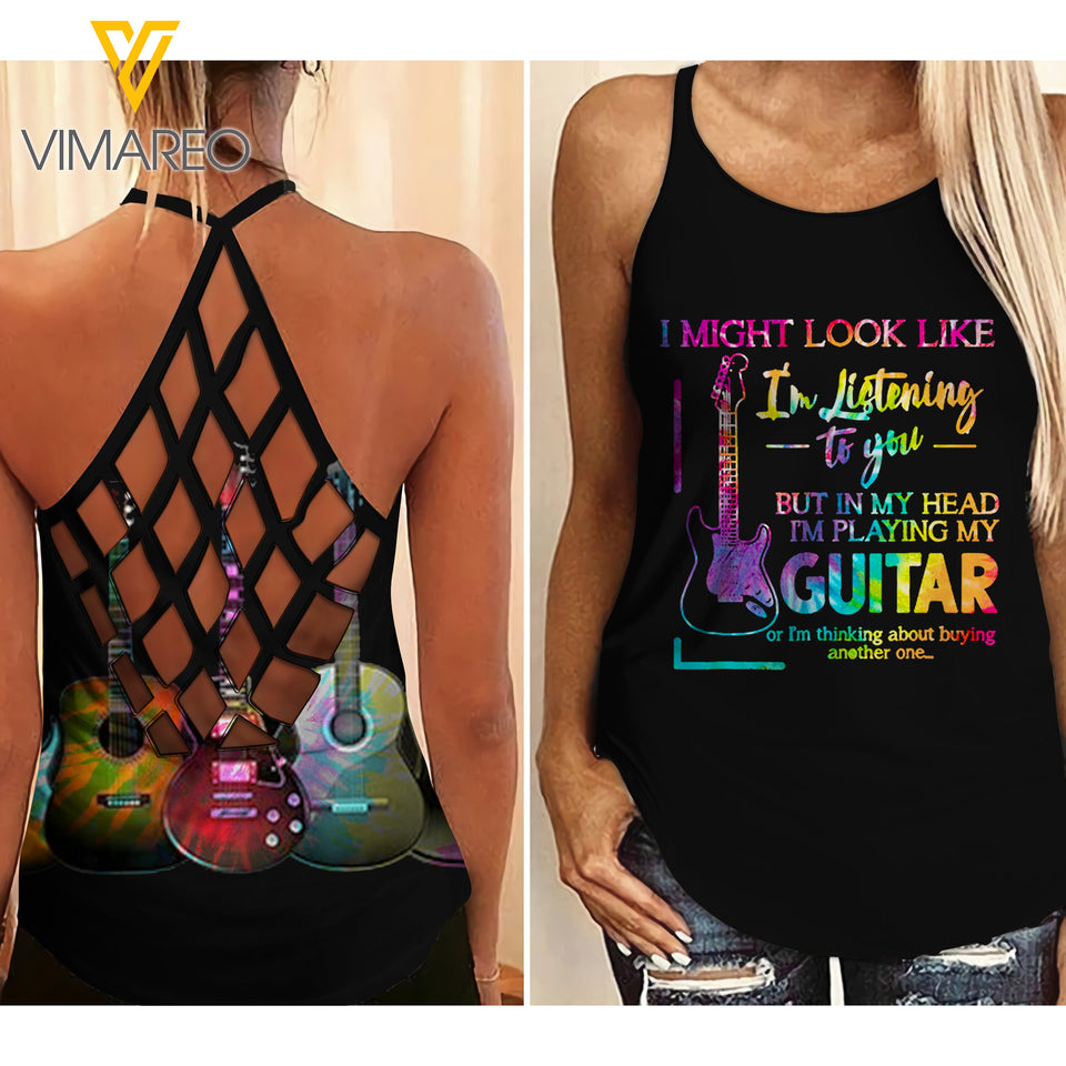 I AM PLAYING MY GUITAR Criss-Cross Open Back Camisole Tank Top