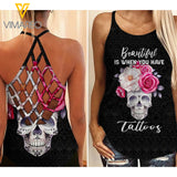 BEAUTIFUL IS WHEN YOU HAVE TATOOS Criss-Cross Open Back Camisole Tank Top