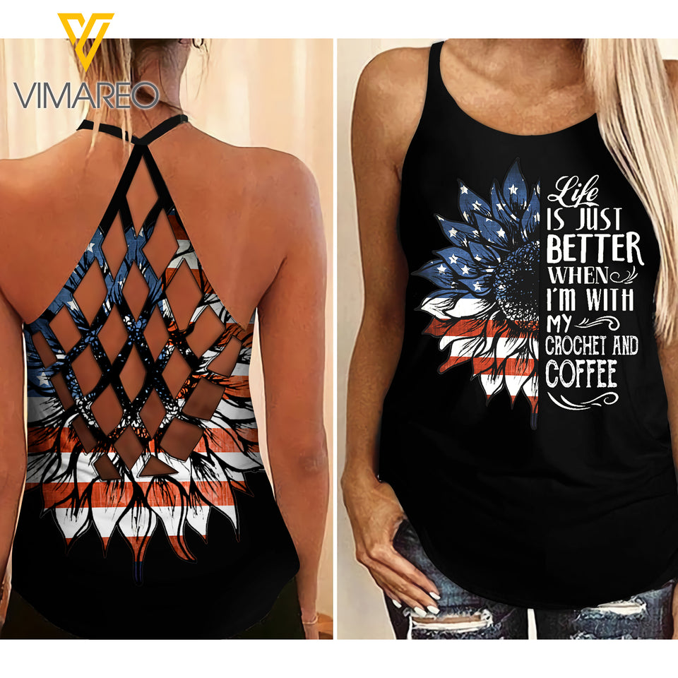 Crochet and Coffee Sunflower Girl Criss-Cross Open Back Camisole Tank Top