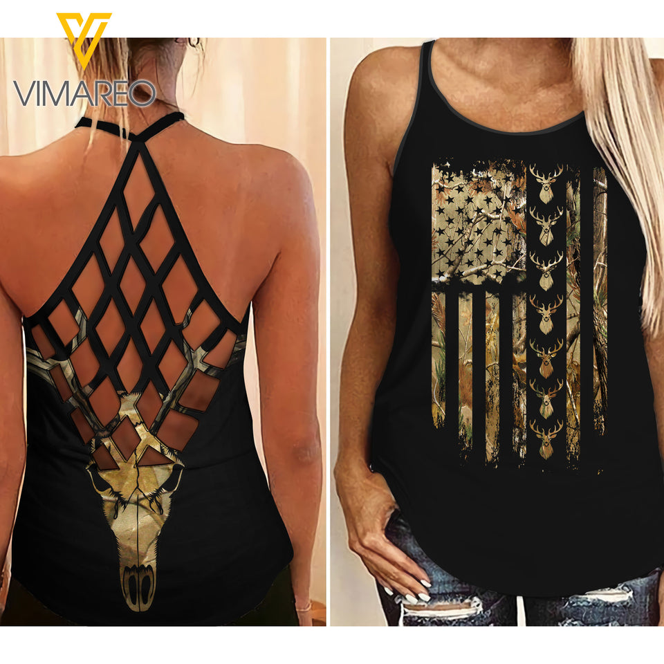 Deer Hunting Country Girl Criss-Cross Open Back Camisole Tank Top 0804NGBVQ