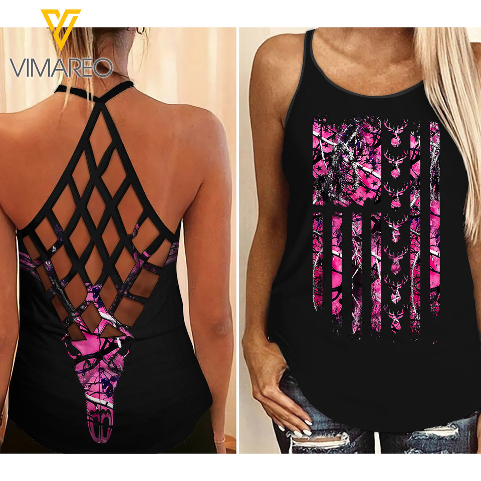Deer Hunting Country Girl Criss-Cross Open Back Camisole Tank Top 0804NGBVQ