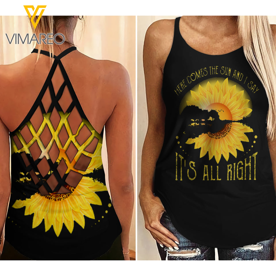 Girl Sunflower Criss-Cross Open Back Camisole Tank Top 1409TQ