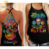 TATTOOED GIRL YOU HIT LIKE A B!TCH Criss-Cross Open Back Camisole Tank Top