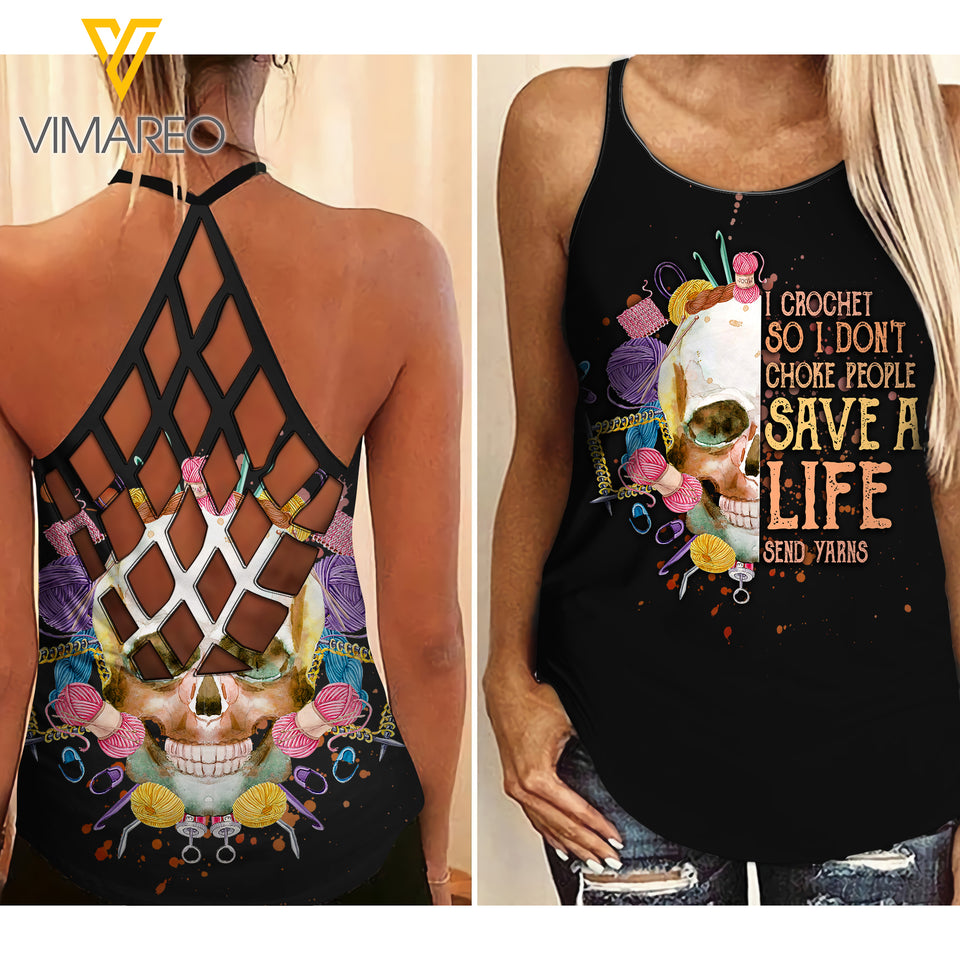 Crochet and Knitting Skull Girl Criss-Cross Open Back Camisole Tank Top