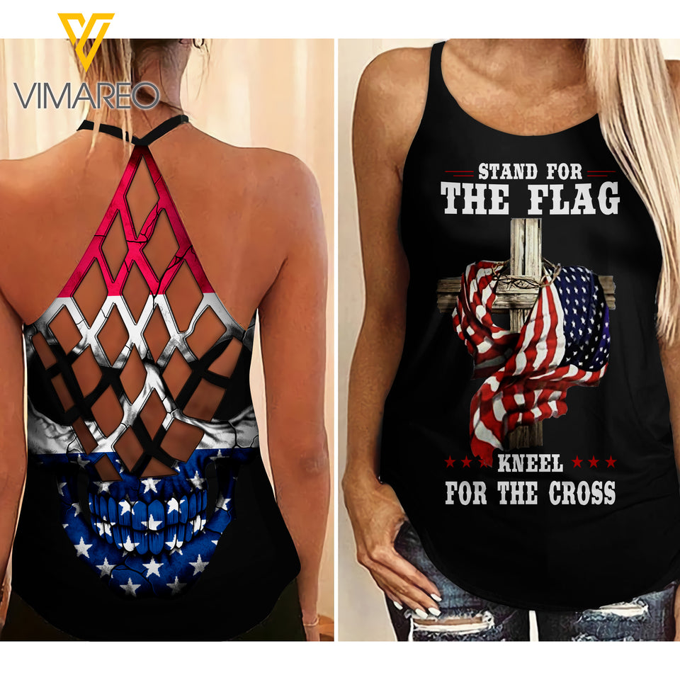 STAND FOR FLAG Criss-Cross Open Back Camisole Tank Top TMTL SKULL GO