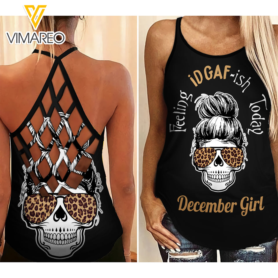 DECEMBER GIRL FEELING IDGAFISH TODAY SKULL CRISS-CROSS TANK TOP