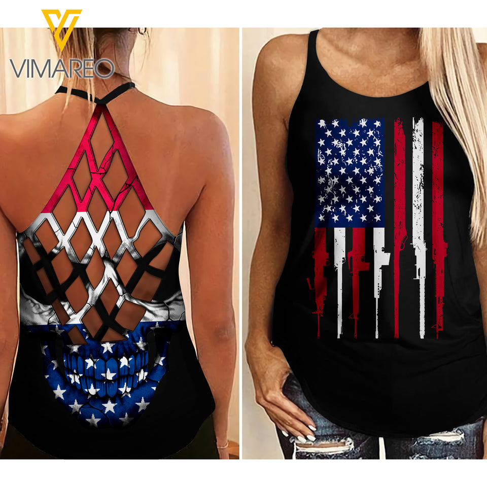 RED WHITE BLUE GUN Criss-Cross Open Back Camisole Tank Top TMTL