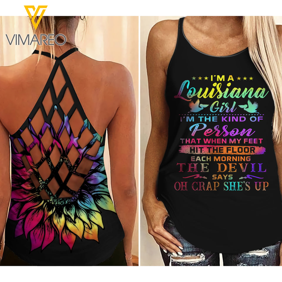 Louisiana Girl With Sunflower Criss-Cross Open Back Camisole Tank Top/ Legging