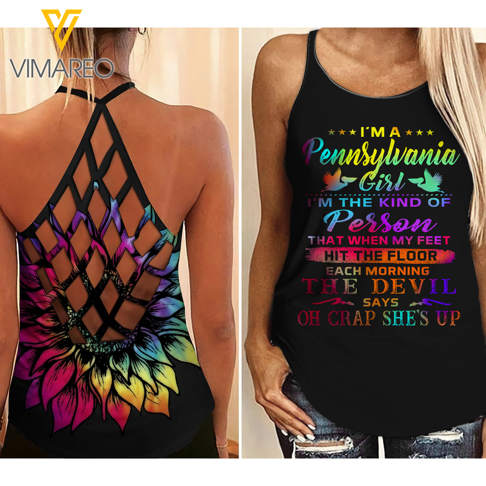 Pennsylvania Girl With Sunflower Criss-Cross Open Back Camisole Tank Top/ Legging