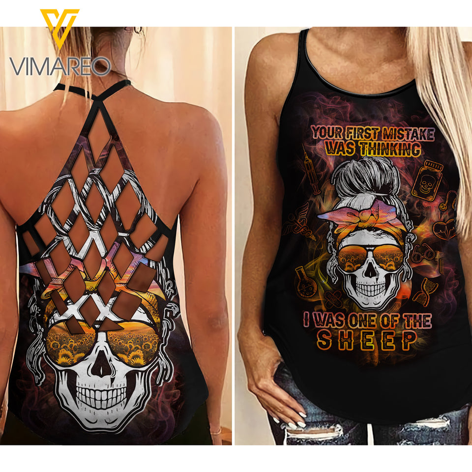 TATTOO GIRL I AM ONE OF THE SHEEP Criss-Cross Open Back Camisole Tank Top AAYY