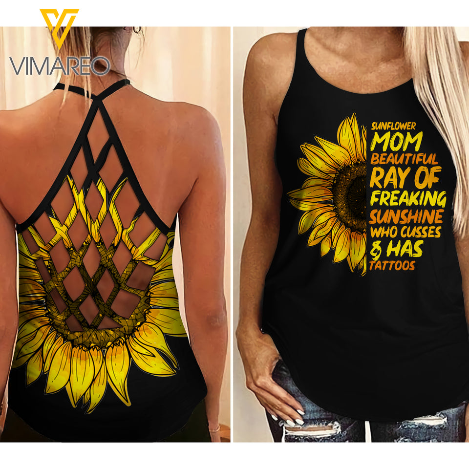 MOM SUNFLOWER CRISS-CROSS OPEN BACK CAMISOLE TANK TOP