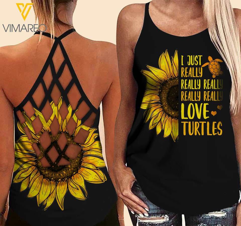 Turtle girl sunflower Criss-Cross Open Back Camisole Tank Top 1607A