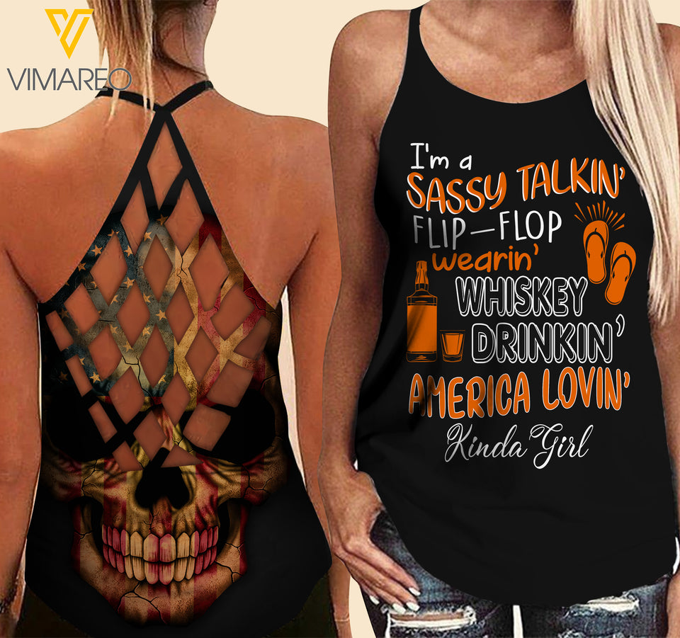 Whiskey Drinkin' Kinda girl Criss-Cross Open Back Camisole Tank Top